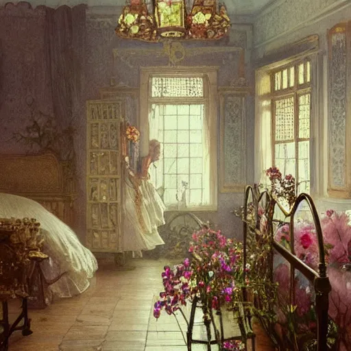 Image similar to a beautifull intricate watercolour painting of a victorian bedroom with many flowers, reflexions, verry high details by william turner art, greg rutkowski and alphonse mucha, trending on artstation, very very detailed, masterpiece,