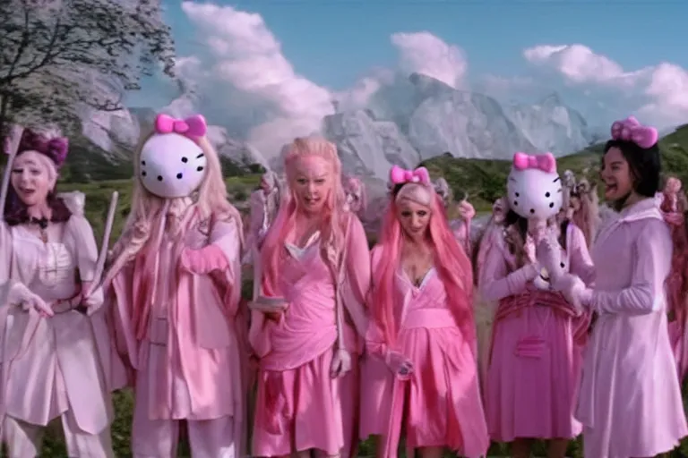 Prompt: group shot of many Gandalfs wearing pink Hello kitty costumes, laughing maniacally, sunrise, movie still from Lord of the Rings, cinematic
