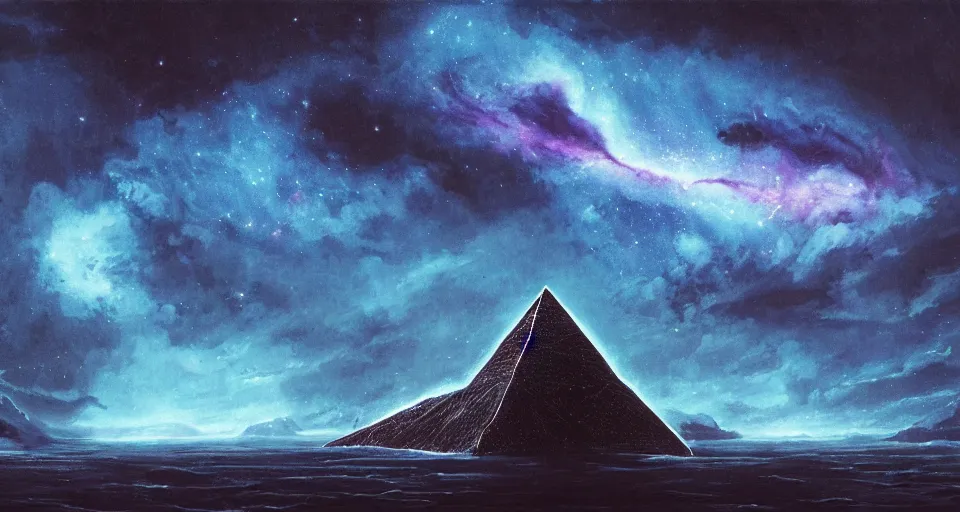 Image similar to black lovecraftian eldritch!! large obsidian pyramid!! surrounded by black motionless sea, endless cosmic sinister space!, bright stars, infinite nebula, sky background by eugene von guerard, ivan shishkin, night, concept art, trending on artstation, 8 k