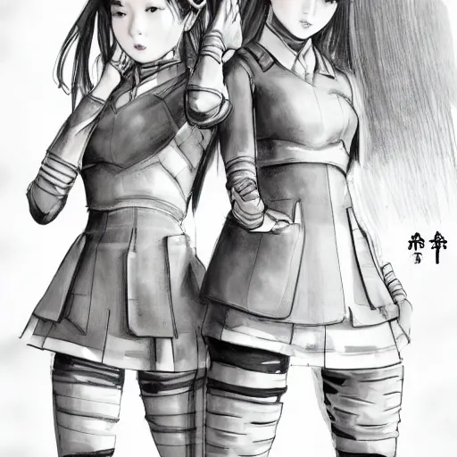 Prompt: a perfect, realistic sci-fi professional digital concept sketch of two Japanese schoolgirls posing, in style of Marvel, full length, by pen and watercolor, by a professional American senior artist on ArtStation, a high-quality hollywood-style sketch, on high-quality paper