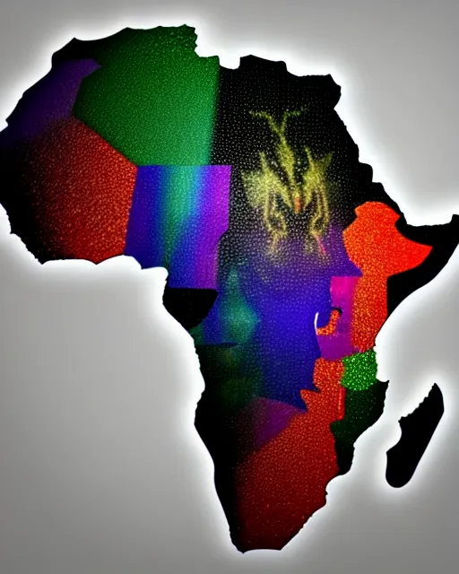 Image similar to a extremely ultra highly detailed hi - res ultra highly detailed colorful logo of africa black backround, zoom out, 8 k, high textures, ultra hyper sharp, insanely detailed and intricate, super detailed, 3 d render, 8 k hdr ultra high quality polygon digital art,