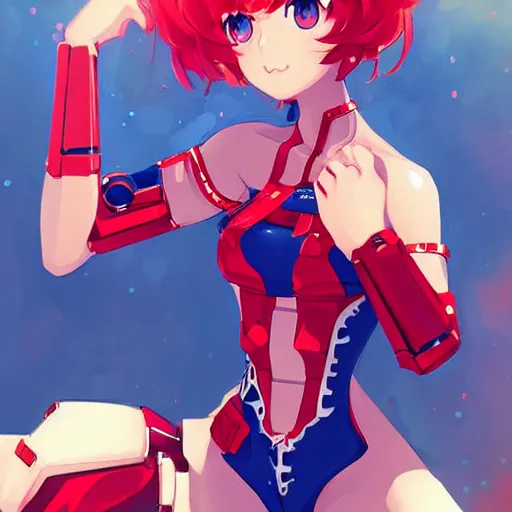 Prompt: digital anime art. cute girl. red mech arms and red mech legs. blue eyes!!!. gold short hair!!!. red bikini. full body!!!. wlop, rossdraws