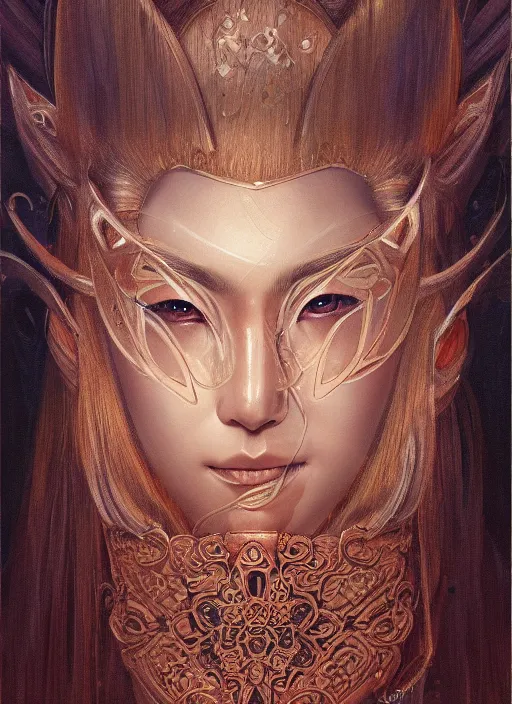 Prompt: a beautiful detailed oil on copper art illustration of a japanese okame mask woman, centered, by charlie bowater, zeng fanzh, trending on artstation, dim dusk lighting, cinematic lighting, detailed lighting, volumetric lighting, realistic, f 8, 4 k hd wallpaper