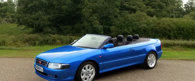 Prompt: Denim Blue Audi A4 B6 Avant Convertible (2002), soft top roof raised, red interior, created by Barclay Shaw