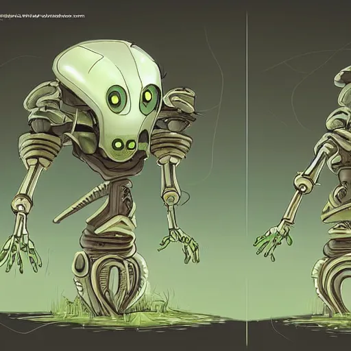 Prompt: a sci-fi robot overgrown by alien fungus and mushrooms character design concept art