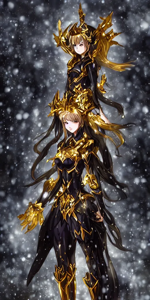 Prompt: focus portrait of beautiful darkness knight 3D anime girl, golden armor wearing, dark forest background, snowing, bokeh, inspired by Masami Kurumada, digital painting, high contrast, unreal engine render, volumetric lighting, high détail