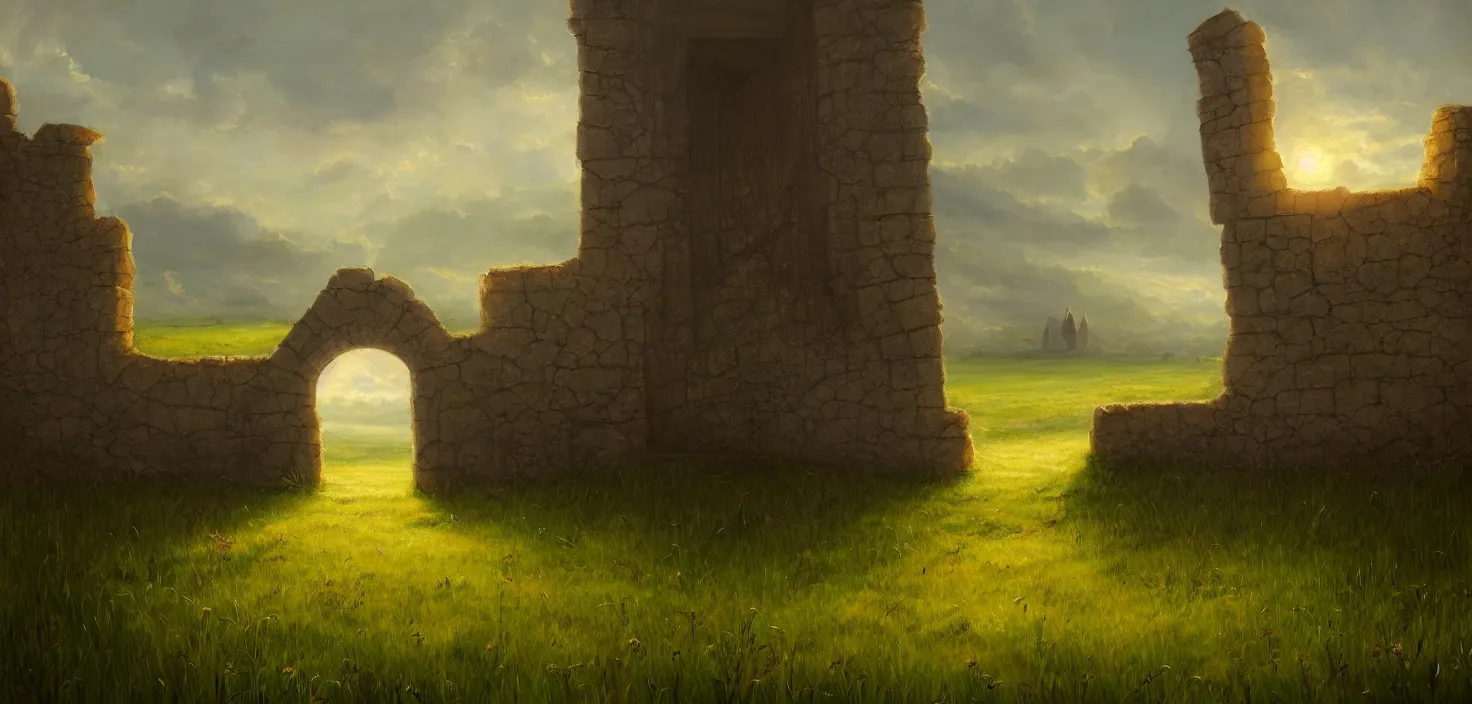 Image similar to a painting of an open door in the middle of a field, a detailed matte painting by the mazeking, featured on cgsociety, fantasy art, matte painting, concept art, deviantart