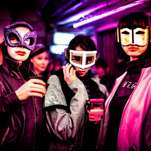 Image similar to photograph of a retro techwear female group near the bar of a packed busy rundown nightclub, lots of people, sharp and sparkly masks, retrofuturism, brutalism, cyberpunk, sigma 85mm f/1.4, 15mm, 35mm, tilted frame, long exposure, 4k, high resolution, 4k, 8k, hd, wide angle lens, highly detailed, full color, harsh light and shadow, diverse