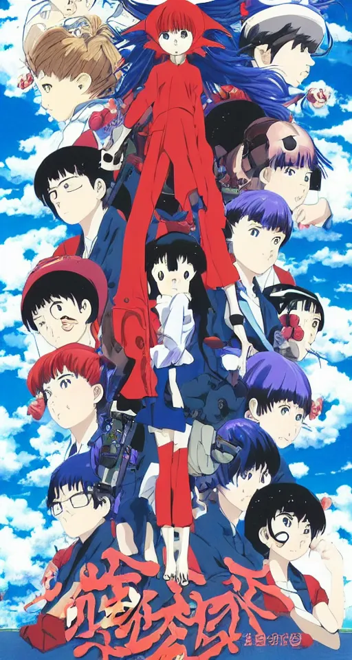 Image similar to incredibly powerful Anime Girl, created by Hideaki Anno + Katsuhiro Otomo +Rumiko Takahashi, Movie poster style, box office hit, a masterpiece of storytelling, main character center focus, monsters + mech creatures locked in combat, nuclear explosions paint sky, highly detailed 8k