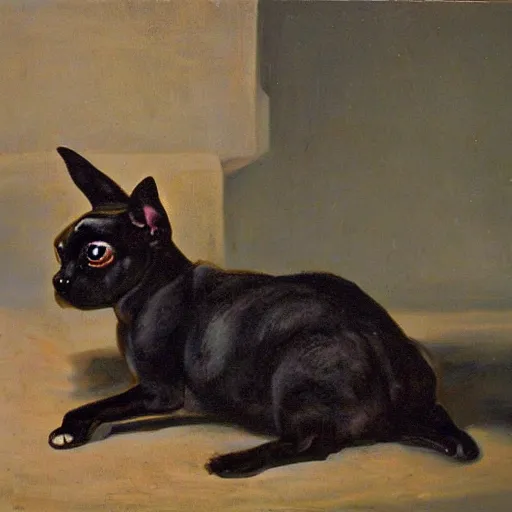 Prompt: oil in canvas of a puppy dog, a black rabbit and a siamese cat,