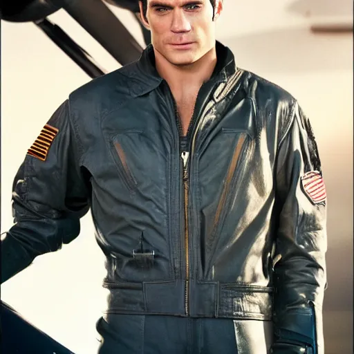 Image similar to Henry Cavill as pilot in Top Gun, promo shoot, studio lighting