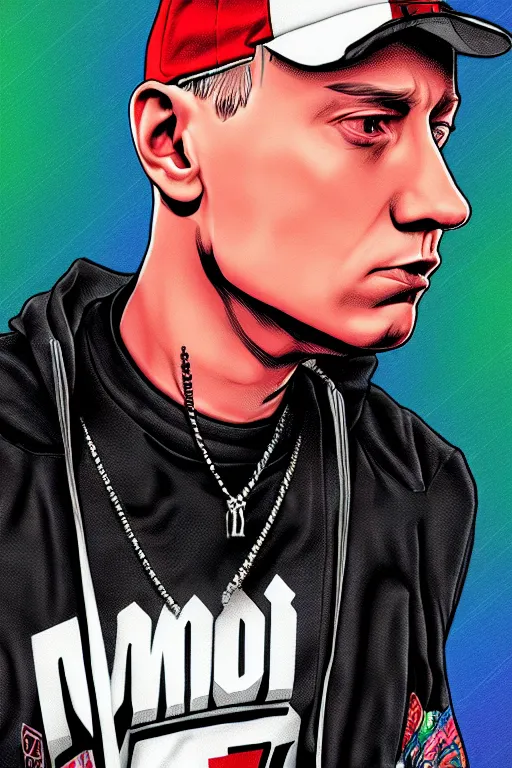 Image similar to eminem is programmer and not a rapper, realistic, art by jacqueline e, color by tafy laplanche, background by bo feng lin