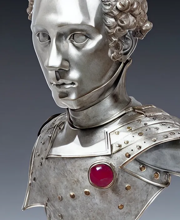 Image similar to a modern marble and ruby sculptural bust of a male knight, wearing silver armor, delicate, intricate, smooth, beautiful, by charles van der stappen