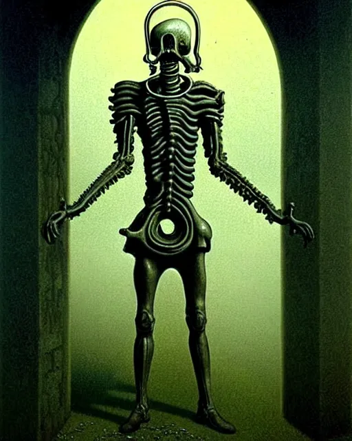 Image similar to full-body creepy realistic central composition, a decapitated soldier with futuristic elements. he welcomes you into the fog with no head, dark dimension portal, empty helmet inside is occult mystical symbolism headless full-length view. attendants watching, standing in ancient gate eldritch energies disturbing frightening eerie, what does it mean, artwork by Salvador Dali