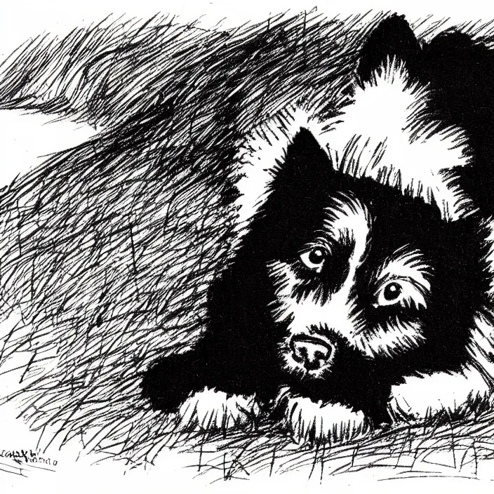 Image similar to a still frame from comic strip, a portrait of black fluffy furry sleeping dog 1 9 5 0, herluf bidstrup, new yorker illustration, monochrome bw, lineart, manga, tadanori yokoo, simplified,