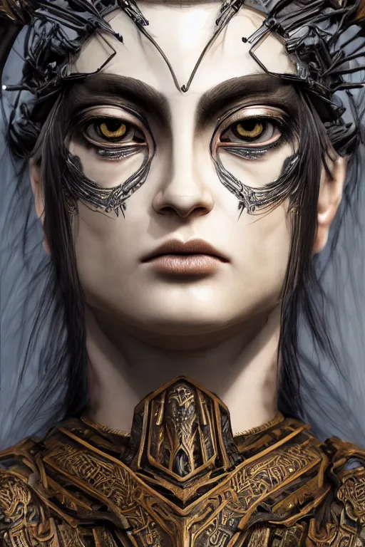 Image similar to ne stylised woman , fair skin, big eyes, long black hair, no bangs, wearing sculpted textured armour, closes her eye, battle damage, intricate complexity, close-up of the front of the face, resolute expression, back lighting, 4K resolution, symmetric, clear facial features, by Ruan Jia and Mandy Jurgens and William-Adolphe Bouguereau, Karol Bak, smooth, sharp focus, rich deep colors, digital render, intricate, ultra realistic, concept art