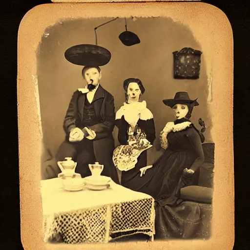 Image similar to demons tea party, antique photo, victorian era, cinematic lighting,