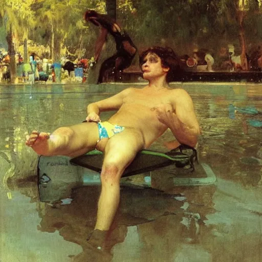 Image similar to a lean young brown haired man in a swimsuit at a water park. By Ilya Repin and Ruan Jia. Masterpiece