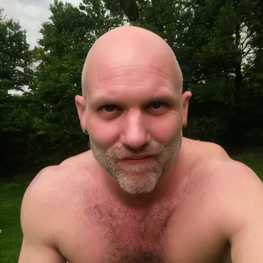 Image similar to He is white, middle aged, and completely bald. He has strong, manly facial features, but has no facial hair, not even eyebrows or eyelashes. He has an average build, with some chest hair. He has big round blue eyes.