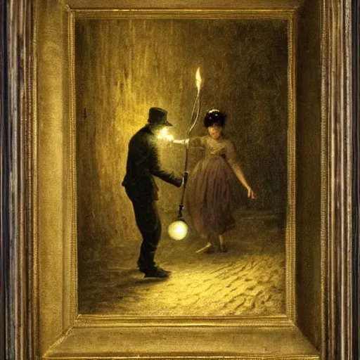 Image similar to young victorian man and woman traversing a dark maze, the man holding a torch, the woman hiding behind him, by alfred stevens