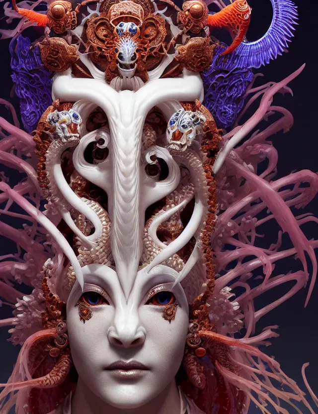 Image similar to 3 d goddess of hell close - up profile portrait with ram skull. beautiful intricately detailed japanese crow kitsune mask and clasical japanese kimono. betta fish, jellyfish phoenix, bio luminescent, plasma, ice, water, wind, creature, artwork by tooth wu and wlop and beeple and greg rutkowski