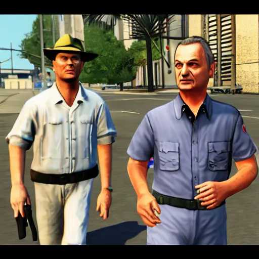 Prompt: bill murray in gta, running from cops, game screenshot