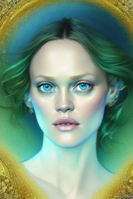 Prompt: portrait of vanessa paradis, fantasy, gradient white blue green, dreamy and ethereal, blue eyes, golden ratio, peaceful expression, ornate frilly dress, fantasy, intricate, elegant, rainbow bubbles, highly detailed, digital painting, artstation, concept art, smooth, b sharp focus, illustration, art by artgerm and greg rutkowski and alphonse mucha