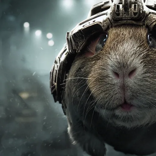 Image similar to guinea pig in gears of war, splash art, movie still, detailed face, photorealistic facial features, cinematic lighting, dramatic, octane render, long lens, shallow depth of field, bokeh, anamorphic lens flare, 8 k, hyper detailed, 3 5 mm film grain