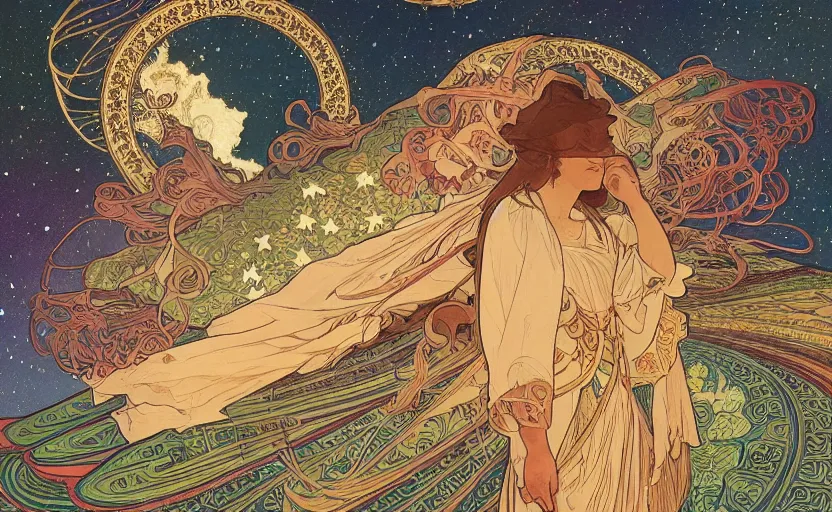 Prompt: mountains, stars and paisley filled sky, artstation, intricate, highly detailed, digital painting, concept art, sharp focus, illustration by Alphonse Mucha and James Jean