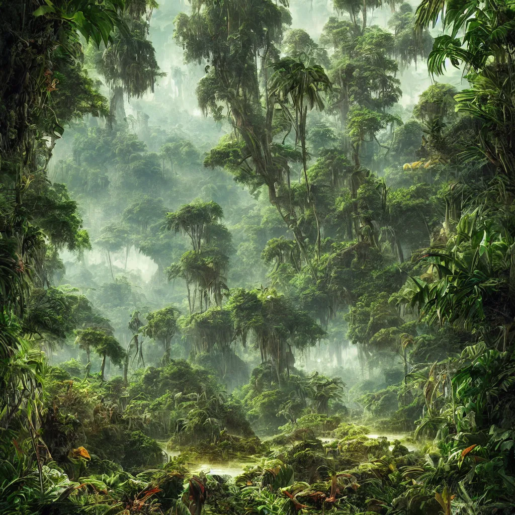 Image similar to painting of a jungle scene on an alien planet by vincent bons. ultra sharp high quality digital render. detailed. beautiful landscape. weird vegetation. water.