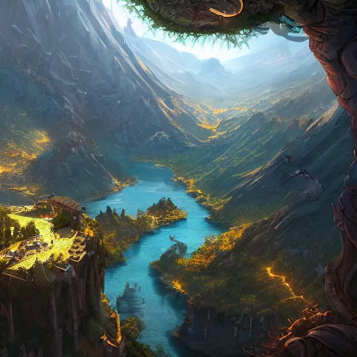 Prompt: a birds eye view overlooking an ancient fantasy city surrounded by mountains and trees of greens and browns, rivers and lakes((but the cities been corrupted by a dark evil)) by Jordan Grimmer, Asher Brown Durand and Ryan Dening, 8k, artstation, beautiful color pallette