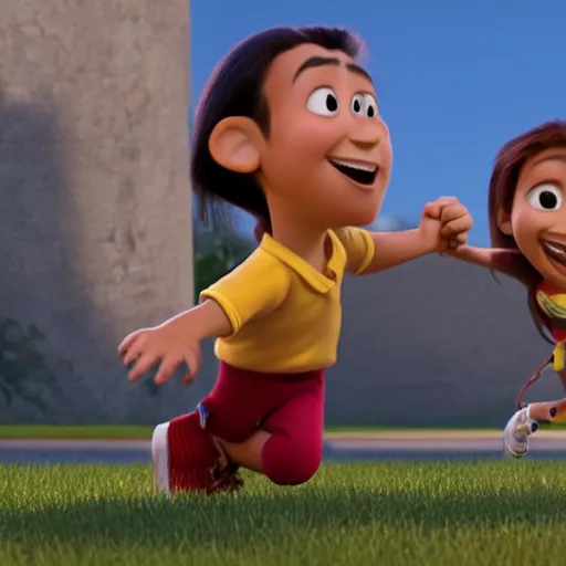 Image similar to young beautiful athletic Filipino woman with long hair and a handsome caucasian athletic thin man with short buzzed hair, high widows peak, stubble on his face, both depicted as Pixar characters, high quality cg render