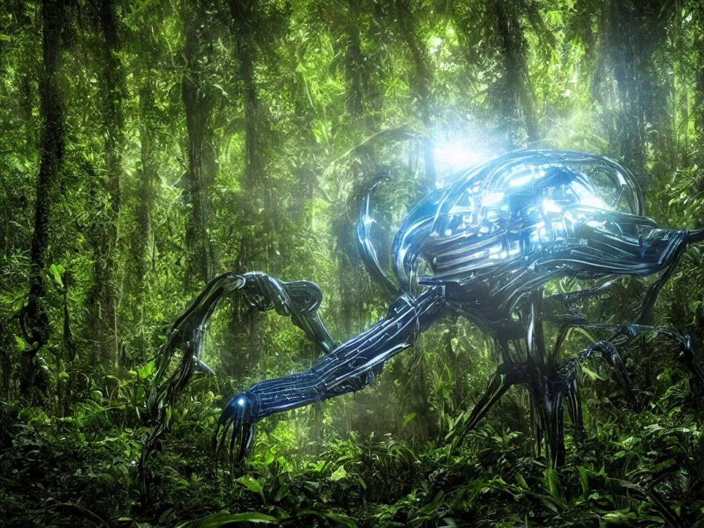 Prompt: alien technology hidden in the jungle, glowing futuristic alien technology, HD photography