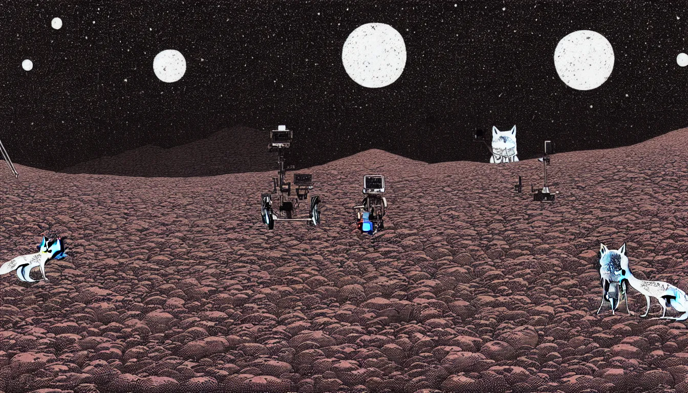 Image similar to a single fox and a robot rover standing on a red desert looking at the night sky by woodblock print, nicolas delort, moebius, victo ngai, josan gonzalez, kilian eng