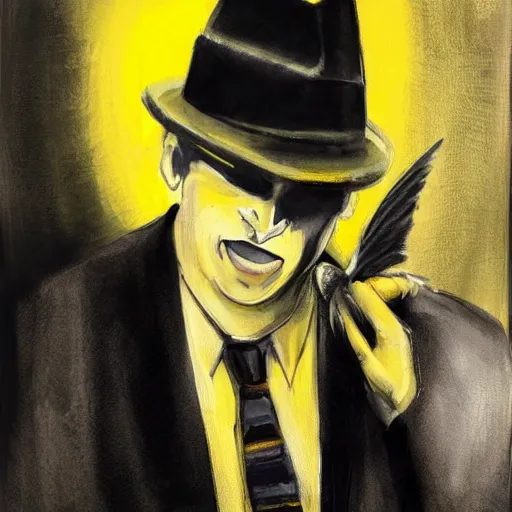 Prompt: Yellow smug man with a fedora and wings, mafia