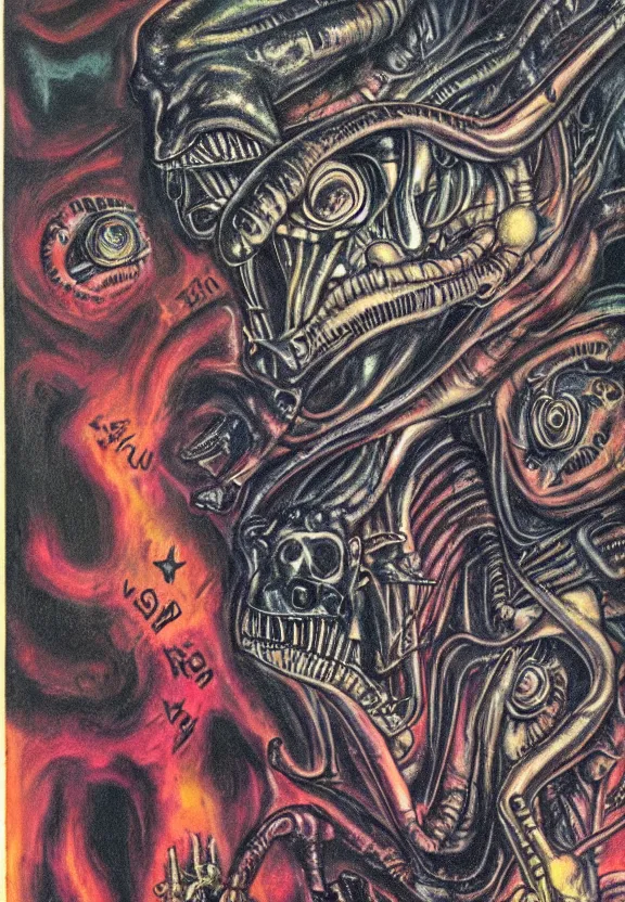 Image similar to subgenius, x - day, aliens, weird stuff, occult stuff, devil stuff, extreme detail, rich colors, vintage, stained paper, hyperrealism, stage lighting