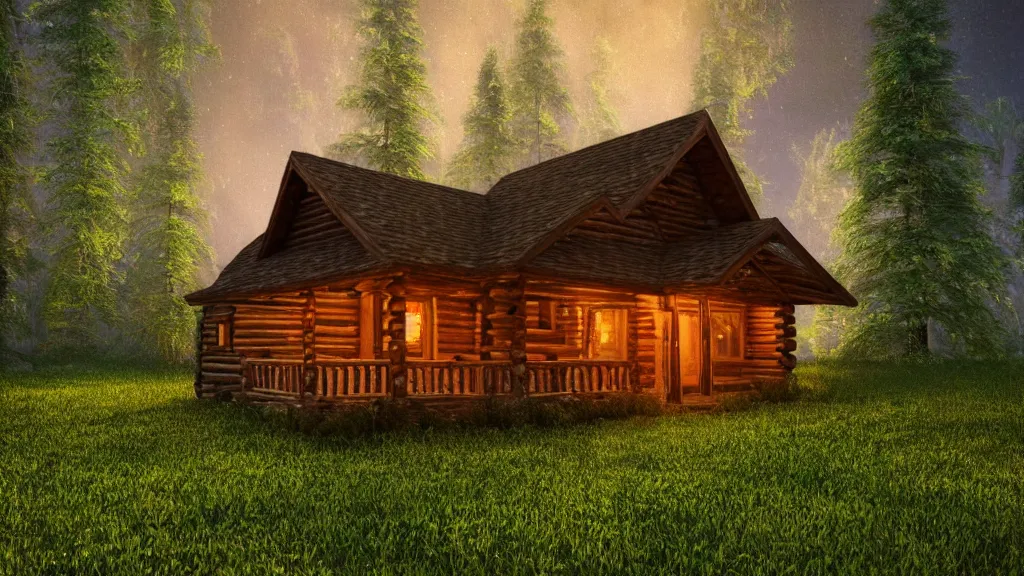 Image similar to portrait of an ethereal log cabin made of golden purple and green light, evergreen forest, divine, cyberspace, mysterious, dark high-contrast concept art, 3D render