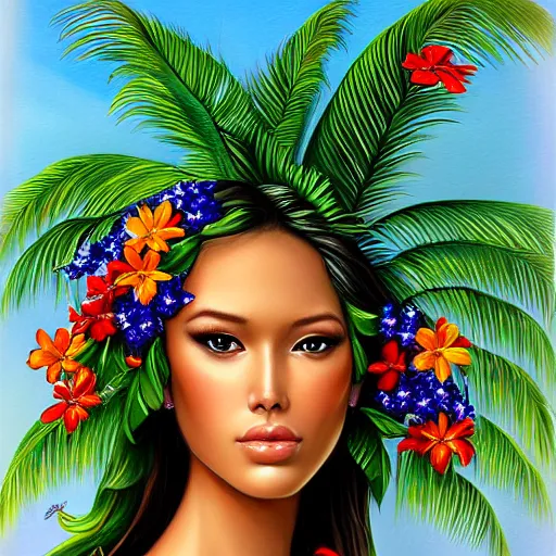 Prompt: portrait of a beautiful hawaiian girl, palm trees, flowers by anne stokes