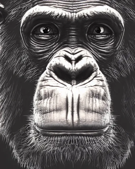 Image similar to very detailed high resolution illustration portrait of a chimpanzee, mystical, 3 d, 8 k, extremely detailed, artstation