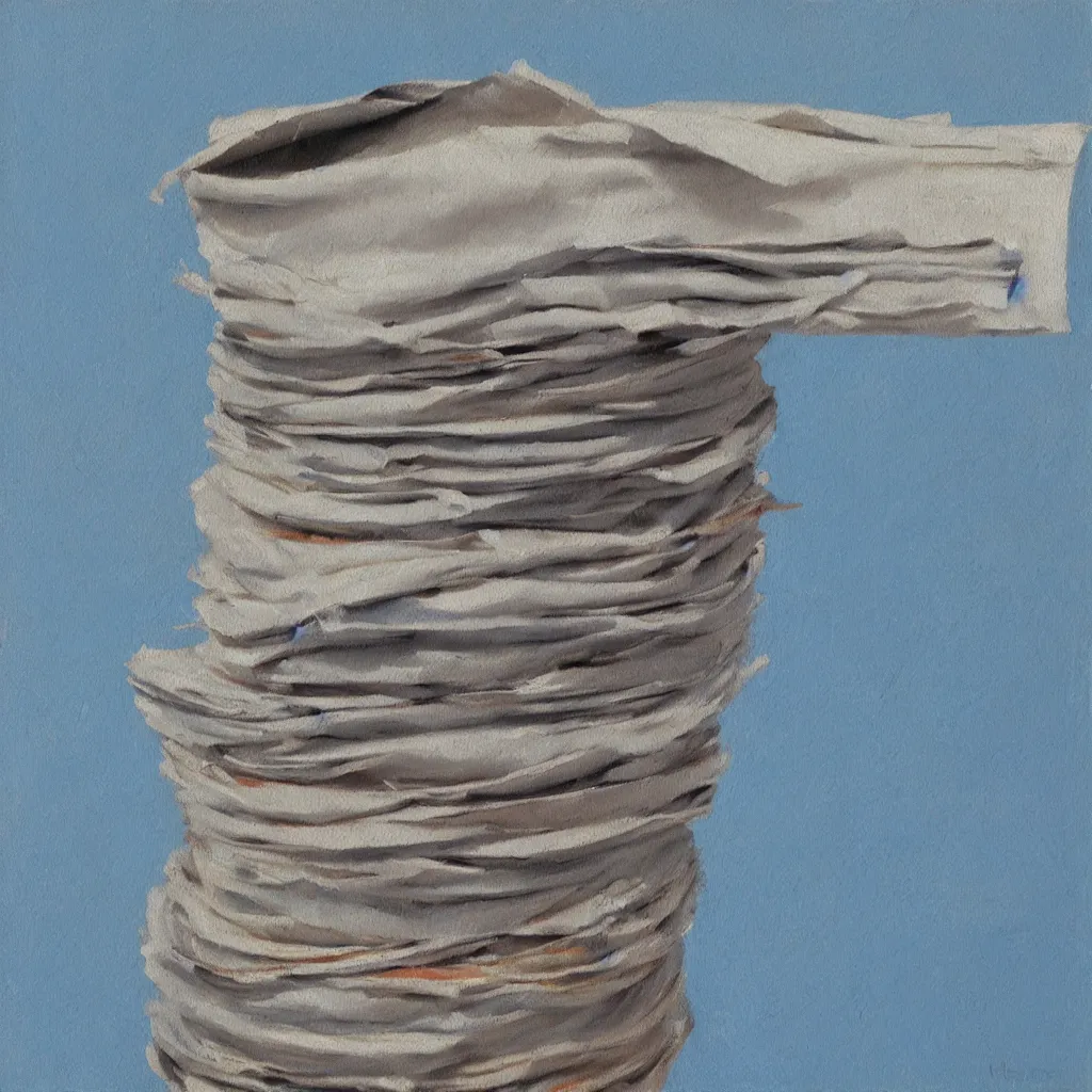 Image similar to oil painting of a very thick roll of newspaper standing vertically against a blue background, impressionist artwork