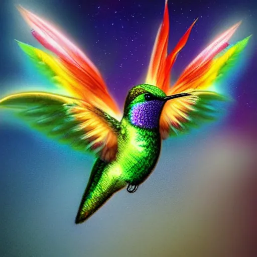 Image similar to frantic cute hummingbird rainbow phoenix zipping around, wanting to explore and investigate everything. it\'s curiosity is unbounded and unsatiable, digital art, trending on artstation, stylized, matte painting, rainbow feathers, by tom cross