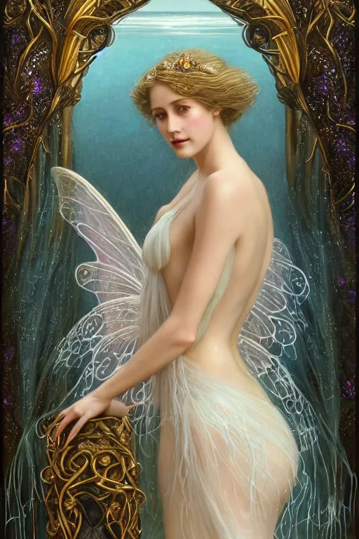 Image similar to a portrait of elegant beautiful queen of the water fairies, gossamer wings, long hair, gown made of ocean waves, illustration, dramatic lighting, soft details, painting oil on canvas, art nouveau, octane render, HDR, 4k, 8k, HD, by Edmund Blair Leighton, Brom, Charlie Bowater, faces by otto schmidt