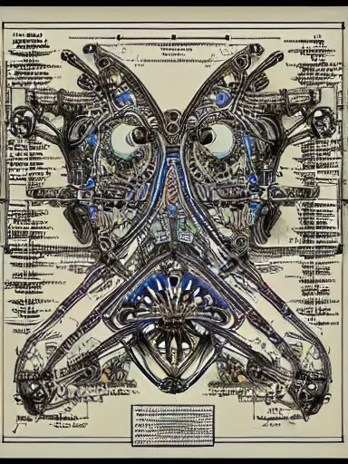 Image similar to schematic blueprint of highly detailed ornate filigreed convoluted ornamented elaborate cybernetic medical equipment, art by da vinci