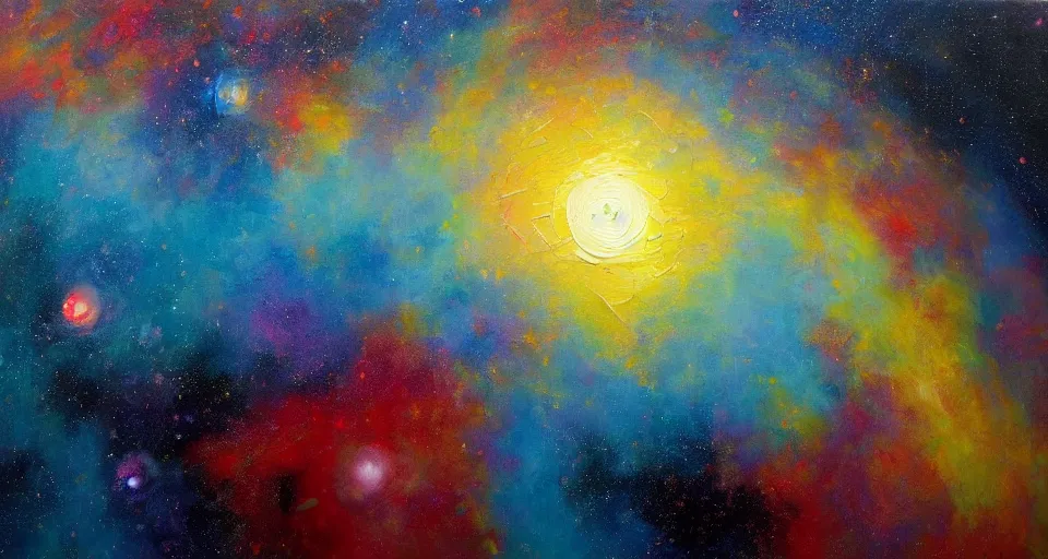 Prompt: award - winning realistic oil painting of a large planet made of colourful gas, colourful bright stars