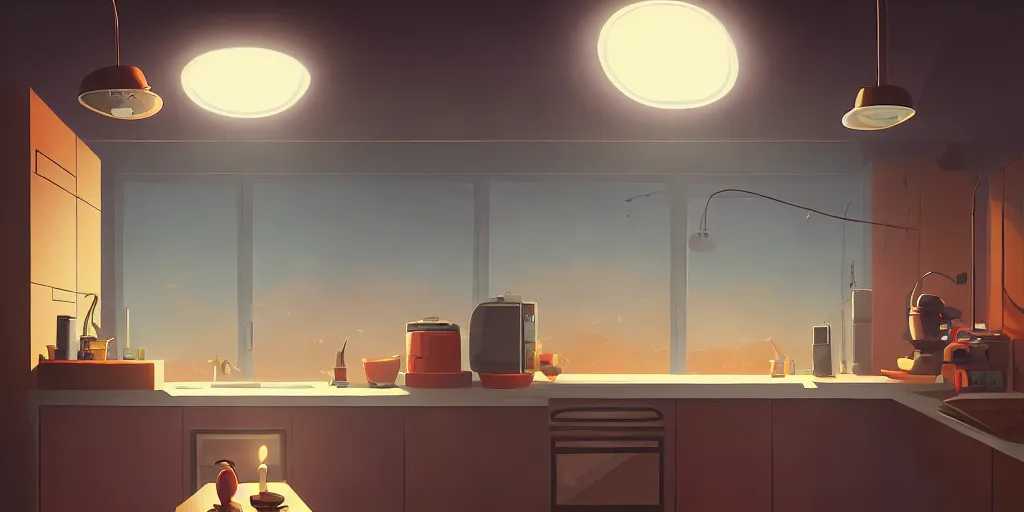 Image similar to minimalistic kitchen dim lit by a candle simon stalenhag gerald brom bastien grivet, fisheye camera, extreme perspective