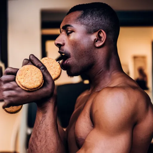 Image similar to photography of muscular black man eating biscuits