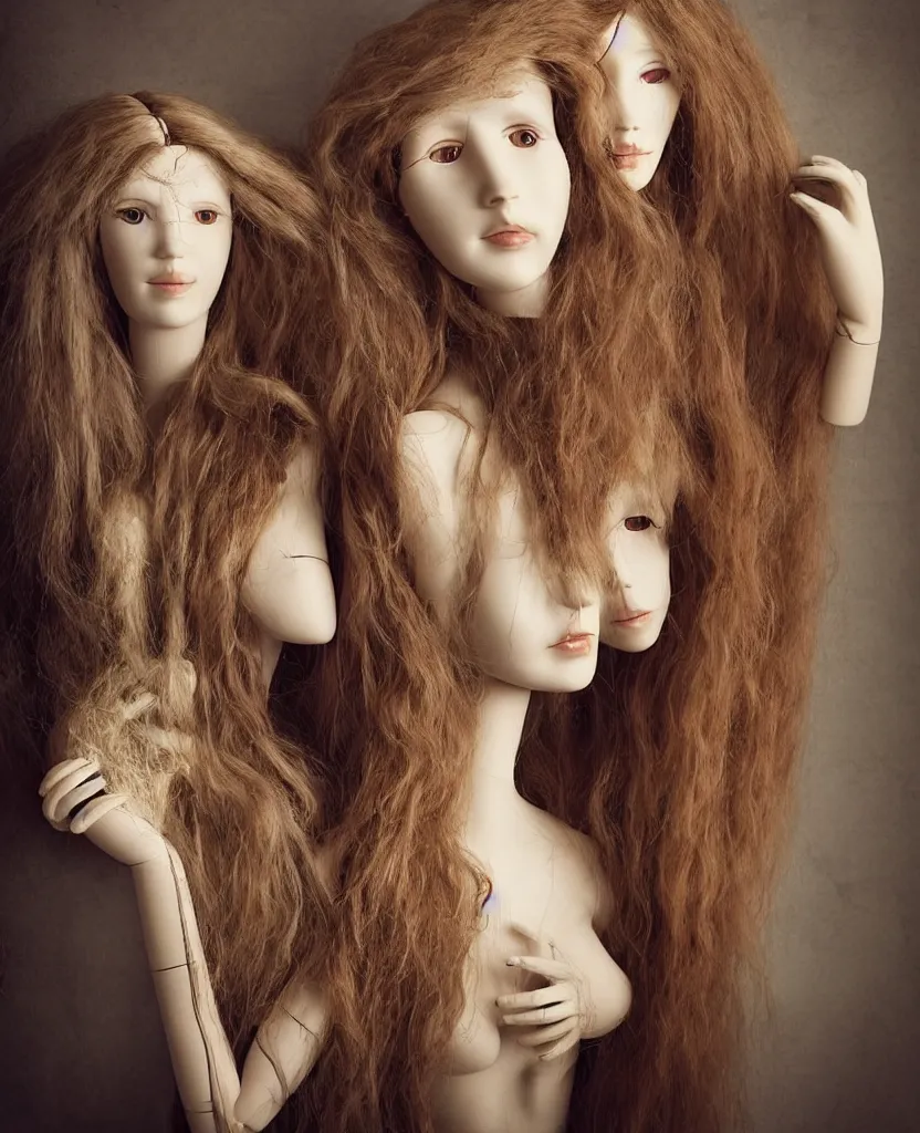 Prompt: head and shoulders portrait of a beautiful female mannequin, jointed wooden dolls with long flowing hair, holding each other, holding a large moth in her hands, beautifully disturbing, gothic, taxidermy, by Nina Masic by Flora Borsi