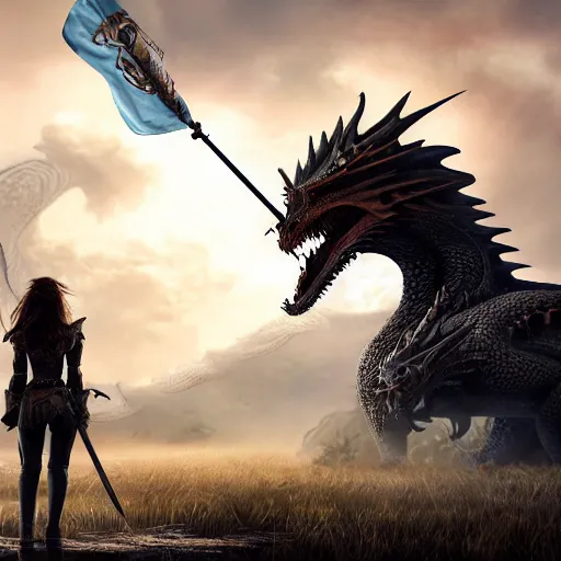 Prompt: view from behind of a woman in shining armor with beautiful hair holding a flag and standing against and facing a huge realistic detailed dragon on the horizon. She is ready to fight. sword left side, concept art, сinematic lighting, insanely detailed, smooth, sharp focus, Artstation, 8k, unreal engine, hyper realistic, steampunk style, bright background, moonlight, volumetric lighting, digital illustration by Ruan Jia and Mandy Jurgens and Artgerm and Wayne Barlowe and Greg Rutkowski and Zdislav Beksinski