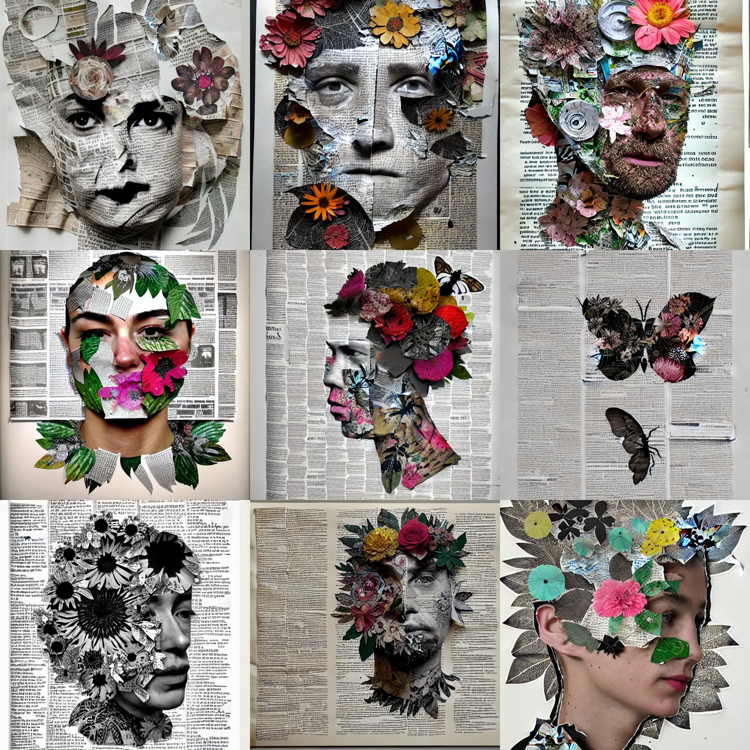 Prompt: blendered cut outs of florals and insects sticking on top of partly hidden alluring faxed face, ink en pen intricate foliage filling the page up, ripped newspaper cuts taped on top of each other, used tape, mixed media, hyperrealistic, unreal engine