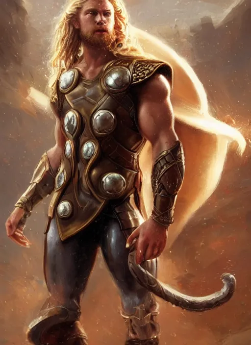 Prompt: a professional painting of a young Thor, wearing an ornate, muscle revealing, detailed, intricate golden armor, olive skin, long dark hair, intricate, elegant, digital painting, concept art, smooth, nice background bokeh, illustration, from StarCraft by Ruan Jia and Mandy Jurgens and Artgerm and William-Adolphe Bouguerea